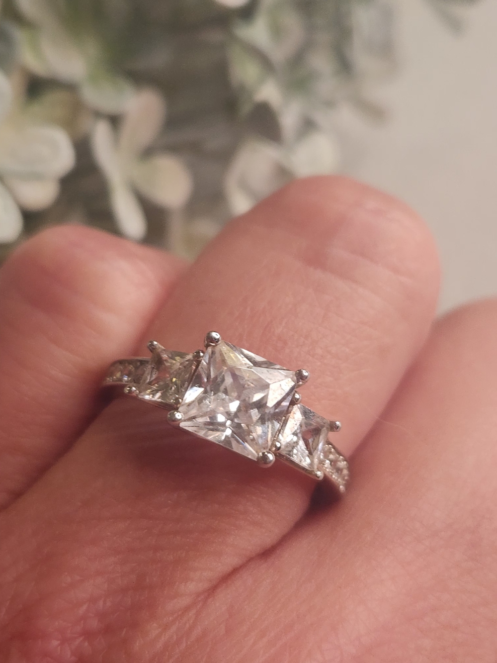 Classic Princess Cut Cubic Zirconia Three-Stone Engagement Ring - Silver